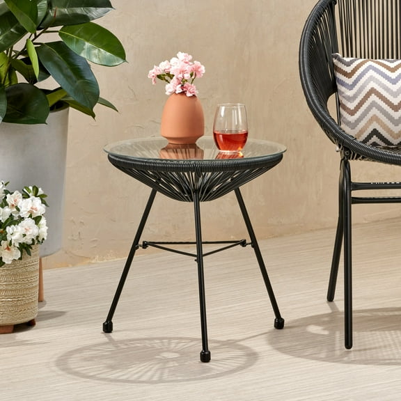 LiviNest Outdoor Side Table with Glass Top: Compact Patio Furniture for Balcony & Poolside - Stable Tripod Base & Weather-Resistant Wicker for Adults & Homeowners