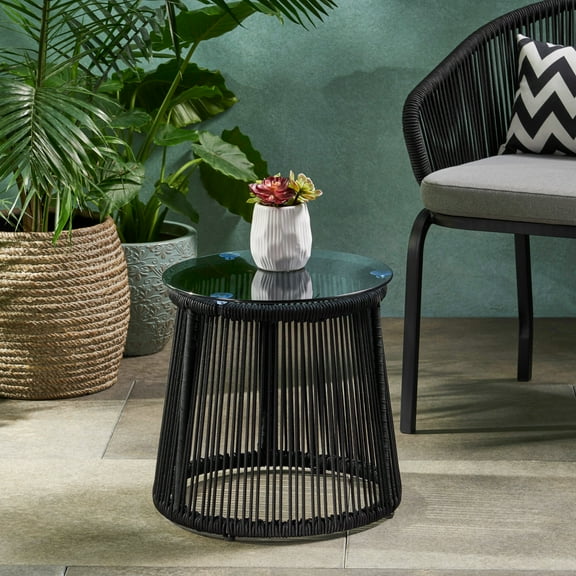 LiviNest Outdoor Side Table with Tempered Glass Top & Hand-Woven Rope Design - Modern Round Accent Table for Patio & Balcony - Sturdy Iron Frame & Durable Construction for Outdoor Use