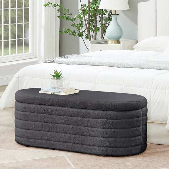 LiviNest Oval Storage Ottoman Bench, 38 Inch Hidden Storage, Teddy Upholstered Fabric, No Assembly Required, Gray
