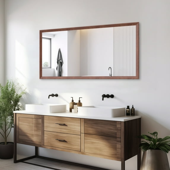 LiviNest Oversized Modern Wall Mirror: 60x30 Inch Large Rectangle Bathroom Mirror with Walnut Frame & Aluminum Border - Full-Length Decorative Mirror for Living Room Bedroom Entryway Vertical or Hori