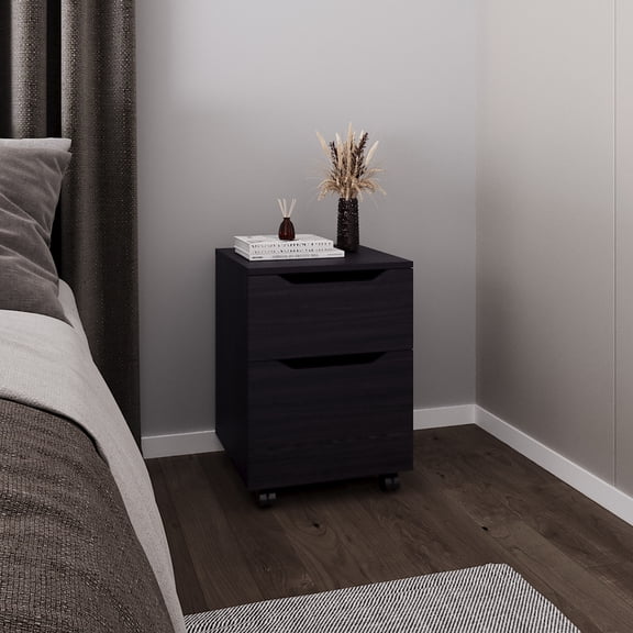 LiviNest Ovid Nightstand, Black Mobile 2-Drawer Rolling Bedside Table with Wheels, Compact Storage for Bedroom, Home Office, 16.5x16.5x22.6 Inches