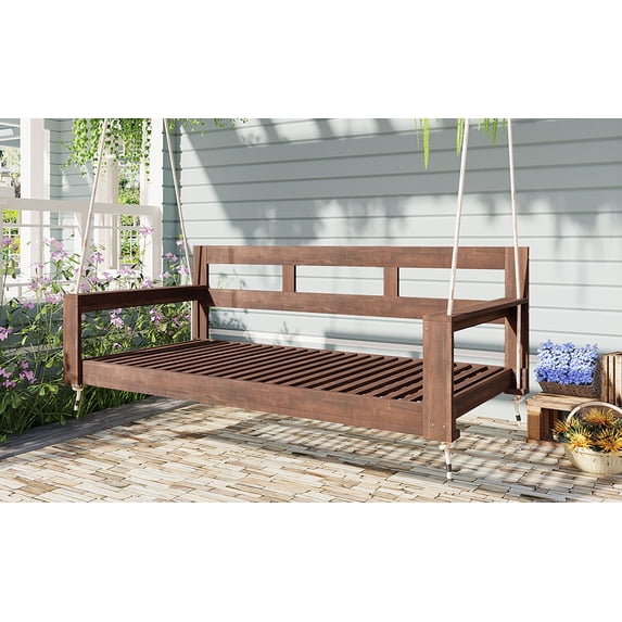 LiviNest Patio Swing Daybed Frame: 81.9 Inch Twin Size Acacia Wood Swing Bed - 350lbs Weight Capacity with 4 Hemp Ropes for Porch & Garden Relaxation - Farmhouse Style High Back & Arms