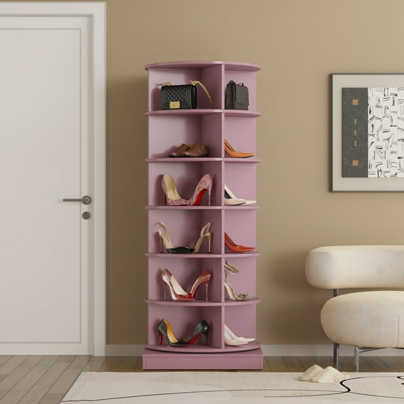 LiviNest Pink Rotating Shoe Cabinet 6 Layers: 360 Degree Spinning Shoe Rack with Modern Design & Wood Frame - Large Capacity Storage for Fashion Influencers & Content Creators Studio Organization