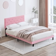 LiviNest Pink Upholstered Queen Bed Frame Modern Button Tufted Linen Fabric Headboard Platform Bed - No Box Spring Needed Easy Assembly for Content Creation Studios & Home Decor