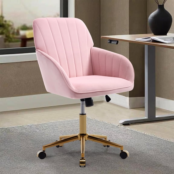 LiviNest Pink Velvet Office Chair: Ergonomic Swivel Chair with Memory Foam for Home Office & Content Creation - Adjustable Height with Gold Base & Tufted Design for Female Creators & Long Sitting Com