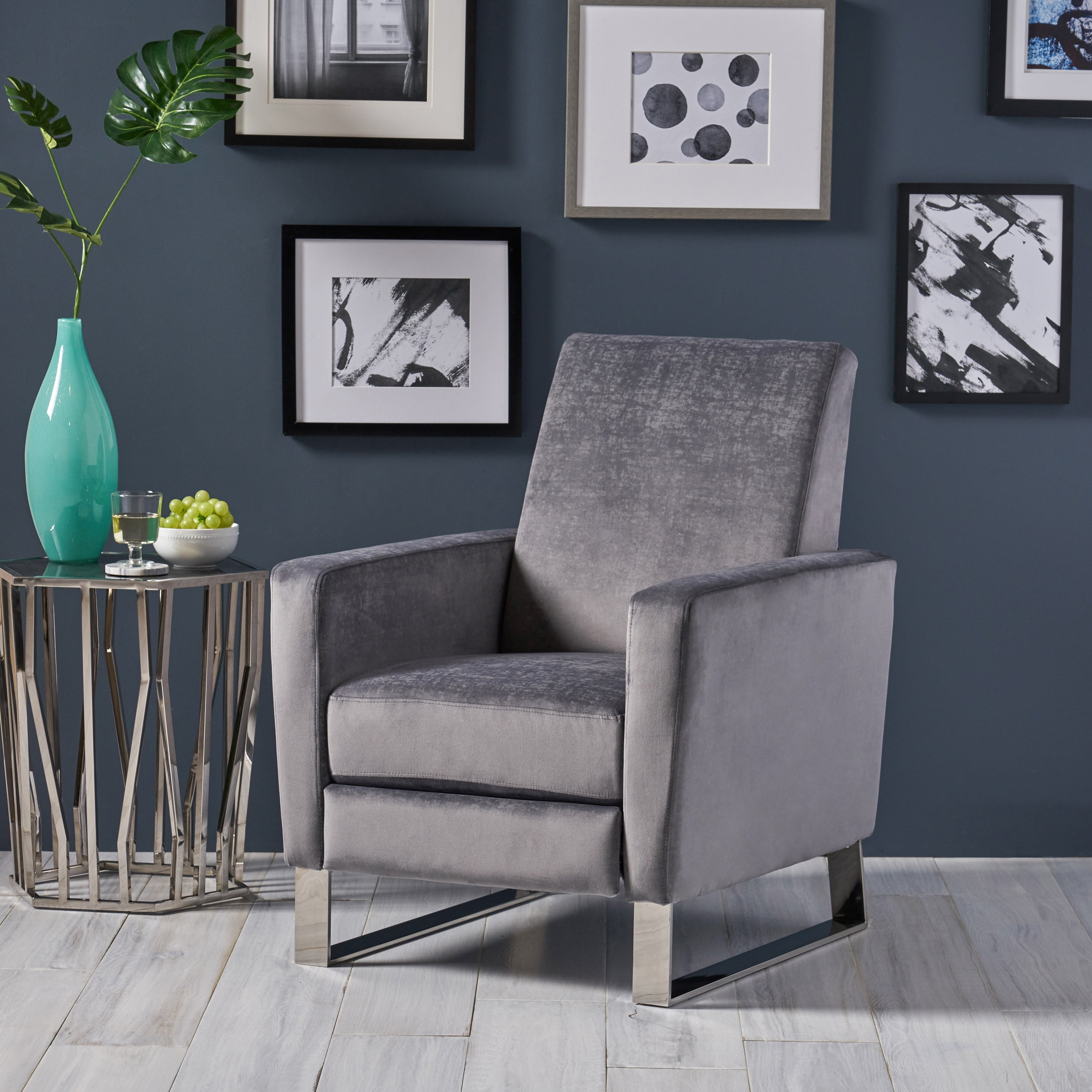 LiviNest Push Back Recliner for Living Room: 1-Second Recline Zero Effort - Modern Grey Velvet Chair with Metal Legs for Home Office & Apartment