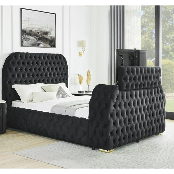 LiviNest Queen Bedroom Suite: 3-in-1 Luxury Bed with TV Lift & Fireplace - Integrated Entertainment Hub for Master Bedroom - Black Velvet Upholstered Deep Tufted Headboard