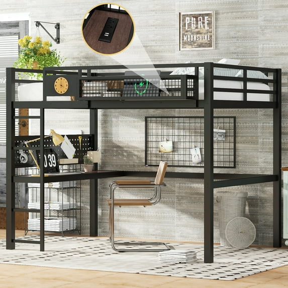 LiviNest Queen Loft Bed for Small Rooms: 3-in-1 Space Saver with Desk & Charging - 68" Height Metal Frame - Ideal for Dorms & Compact Apartments