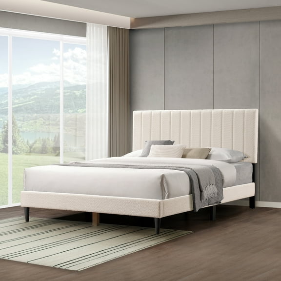 LiviNest Queen Platform Bed Frame: Modern Cream White Upholstered Bed with Tufted Headboard & Boucle Fabric - Mid-Century Bedroom Furniture No Box Spring Required & Easy Assembly