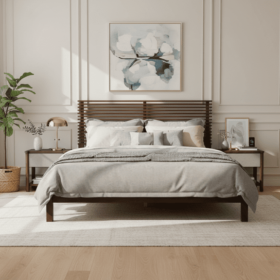 LiviNest Queen Platform Bed Frame, Solid Wood Walnut with Horizontal Slat Headboard, 600 lbs Capacity No Box Spring Needed