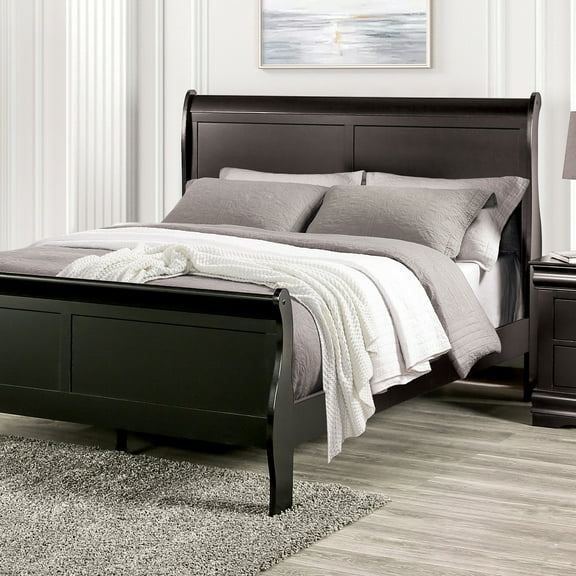 LiviNest Queen Size Bed: Contemporary Sleigh Design Solid Wood Frame - Black Transitional Style Bedroom Furniture for Hotel Room Upgrade
