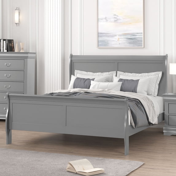 LiviNest Queen Size Bed Frame: Gray Solid Wood Sleigh Bed - Contemporary Transitional Style for Small Apartments & Master Bedrooms with Storage Base & Easy Assembly