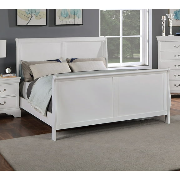 LiviNest Queen Size Bed with Sleigh Headboard: Modern White Bedroom Furniture - Rubberwood Plywood Frame for French Inspired Dcor & Master Bedroom Setup
