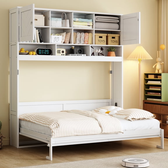 LiviNest Queen Size Wall Murphy Bed with Ample Storage and Chevron Stripes, White