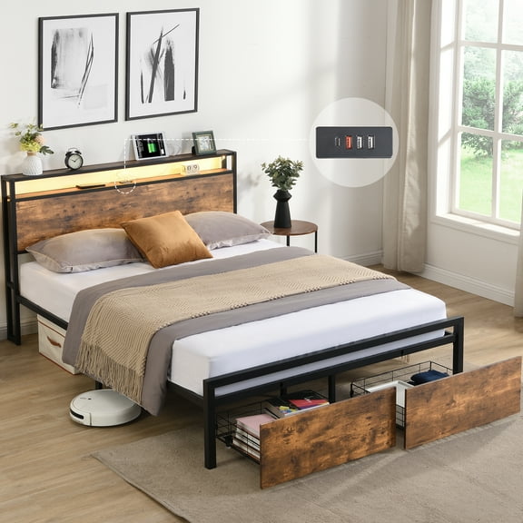 LiviNest Queen Storage Bed Frame: 4-in-1 Space Solution with LED & Charging - 1100lb Silent Support & 2 Locking Drawers - Industrial Metal Platform for Apartment Bedroom No Box Spring Needed