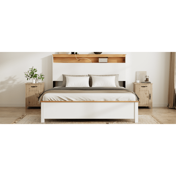 LiviNest Queen Storage Bed Frame with Charging Station: Modern Wood Platform Bed with LED Lights & Headboard Storage - All-in-One Bed Solution for Small Apartments & Space Saving Bedroom Furniture