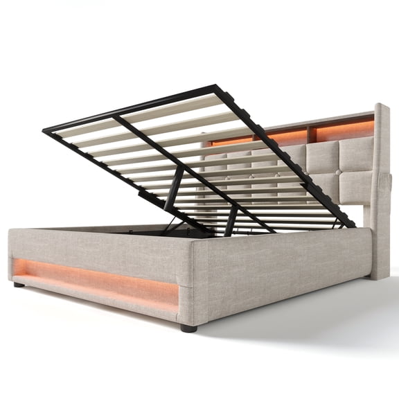 LiviNest Queen Storage Bed with LED: Hydraulic Storage System & USB Charging - Modern Upholstered Platform Bed for Small Apartments & Remote Workers