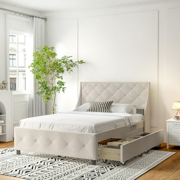 LiviNest Queen Storage Platform Bed Frame: 485lb Silent Support - No Box Spring Needed - 4-Drawer Underbed Storage & Tufted Headboard for Master Bedroom