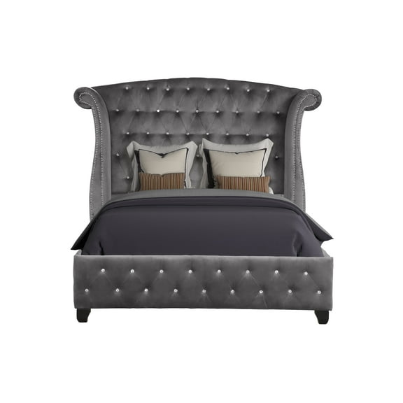 LiviNest Queen Upholstered Bed with Crystal Tufted Headboard & Footboard: Modern Gray Velvet Bed Frame with Nailhead Trim & Wooden Slats - Sturdy Acacia Wood Frame for Master Bedroom & Guest Room, Ho