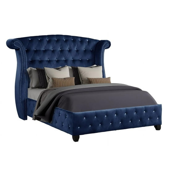 LiviNest Queen Upholstered Bed: Modern Crystal Tufted Velvet Frame - Solid Wood Structure & Blue Fabric for Apartment Bedroom Upgrade & Personal Style Enhancement