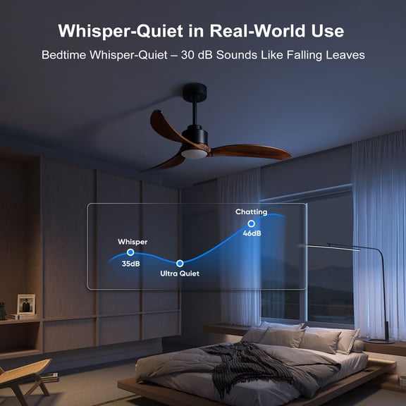 LiviNest Quiet Ceiling Fan for Bedroom: 30 dB Whisper-Quiet DC Motor - 6 Speed & Reversible for Year-Round Comfort - 52 Inch with Dimmable LED Light & Remote Control (Matte Black & Wood)