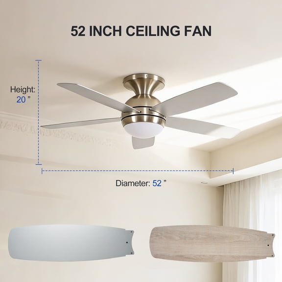 LiviNest Quiet DC Ceiling Fan with Light: 30dB Whisper & 6-Speed Remote - 52 Inch Reversible Plywood Blades & Dimmable LED for Living Room Bedroom - Brushed Gold & Silver Finish