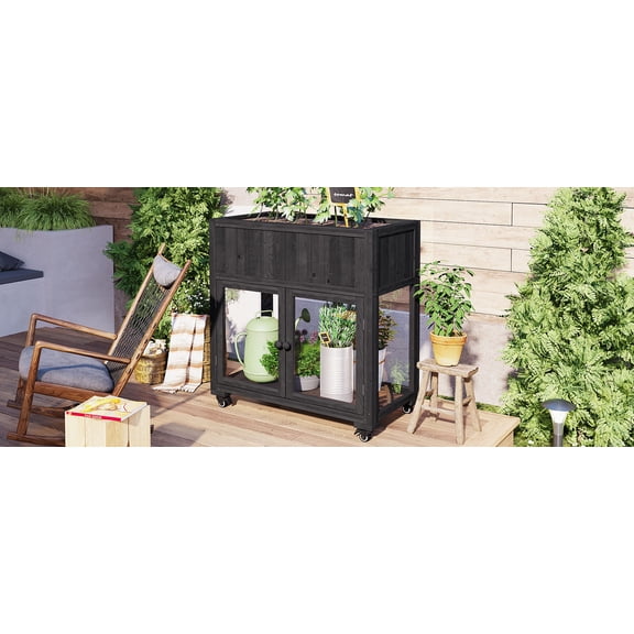 LiviNest Raised Garden Bed with Greenhouse: Compact 35.4x17.7x37.4 Inch Fir Wood Planter Box - Mobile Planting Table with Storage for Balcony Patio Urban Gardening
