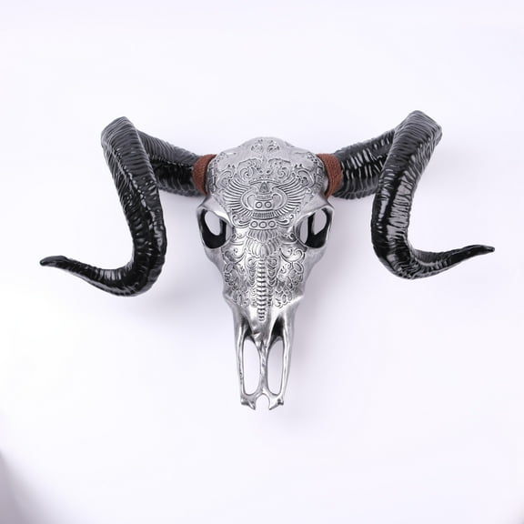 LiviNest Ram Skull Wall Decor: Realistic 3D Resin Art for Man Cave & Home Office - Large Silver & Black Horn Sculpture with Rope Detail for Rustic Industrial Decor