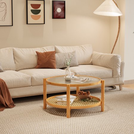 LiviNest Rattan Coffee Table 2-Tier Round Glass Top: Bamboo Frame & PVC Woven Storage Shelf - Modern Small Space Living Room Furniture for Apartments & Home Office Use
