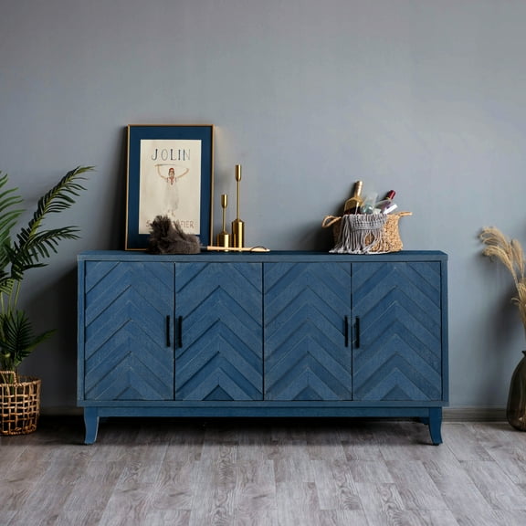LiviNest Retro Credenza Cabinet: 60" Navy Blue Storage Buffet with M-Shaped Doors & Solid Wood Base - 4-Door Vintage Sideboard for Dining Room & Living Room Organization