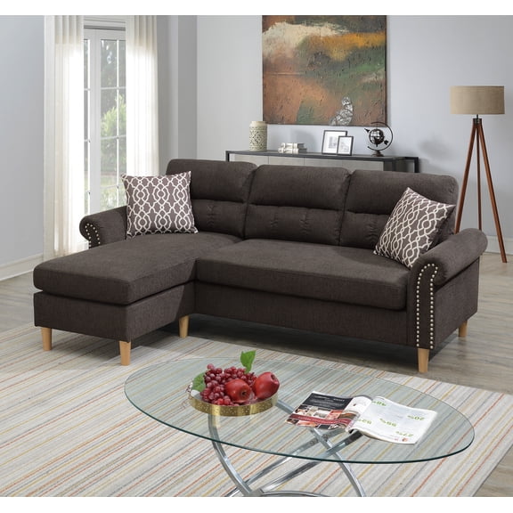 LiviNest Reversible Sectional Sofa for Apartments: 1 Sofa 2 Layouts with Reversible Chaise - Seats 3 People in Compact Living Room - Modern Velvet Fabric & Nailhead Trim