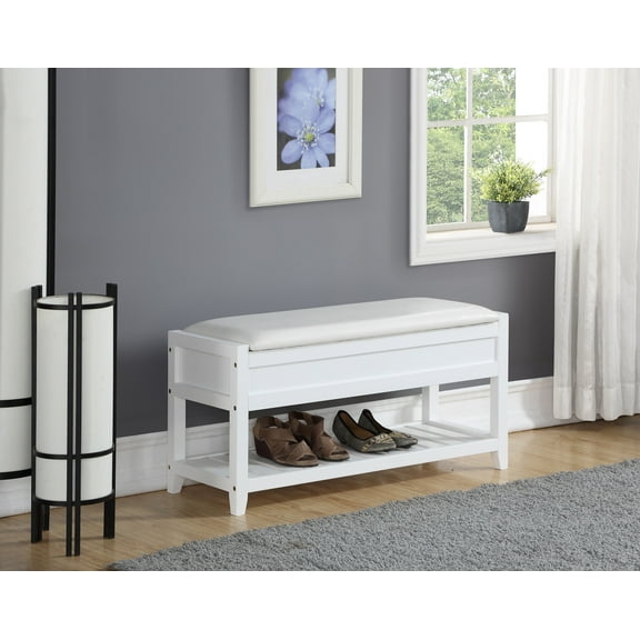 LiviNest Rouen Seating Bench with Shoe Storage, White Padded Lift-Up Seat and Open Shelf for Entryway Hallway