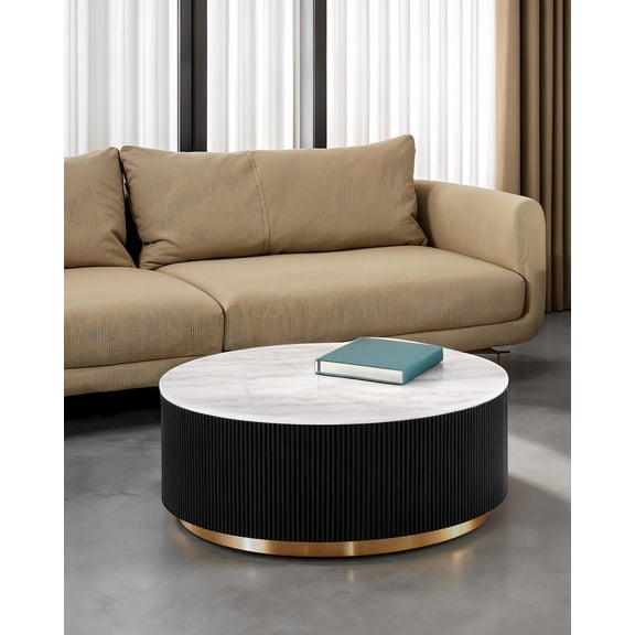 LiviNest Round Cocktail Table with Marble Top and Gold Plinth Base, 35 Inch Round Genuine White Marble Surface, Black Reeded Base with Gold Stainless Steel Accent, 14 Inch Low Height for Living Room