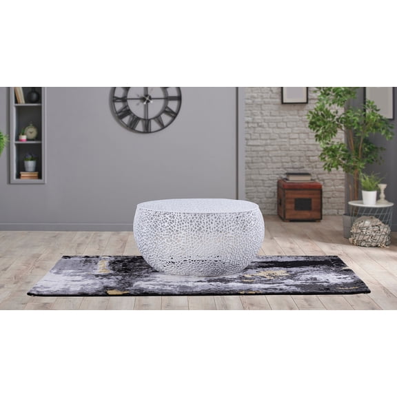 LiviNest Round Coffee Table Modern White: Sculptural End Table for Living Room - Artistic Home Decor Centerpiece with Aluminum Frame & Openwork Design for Apartments