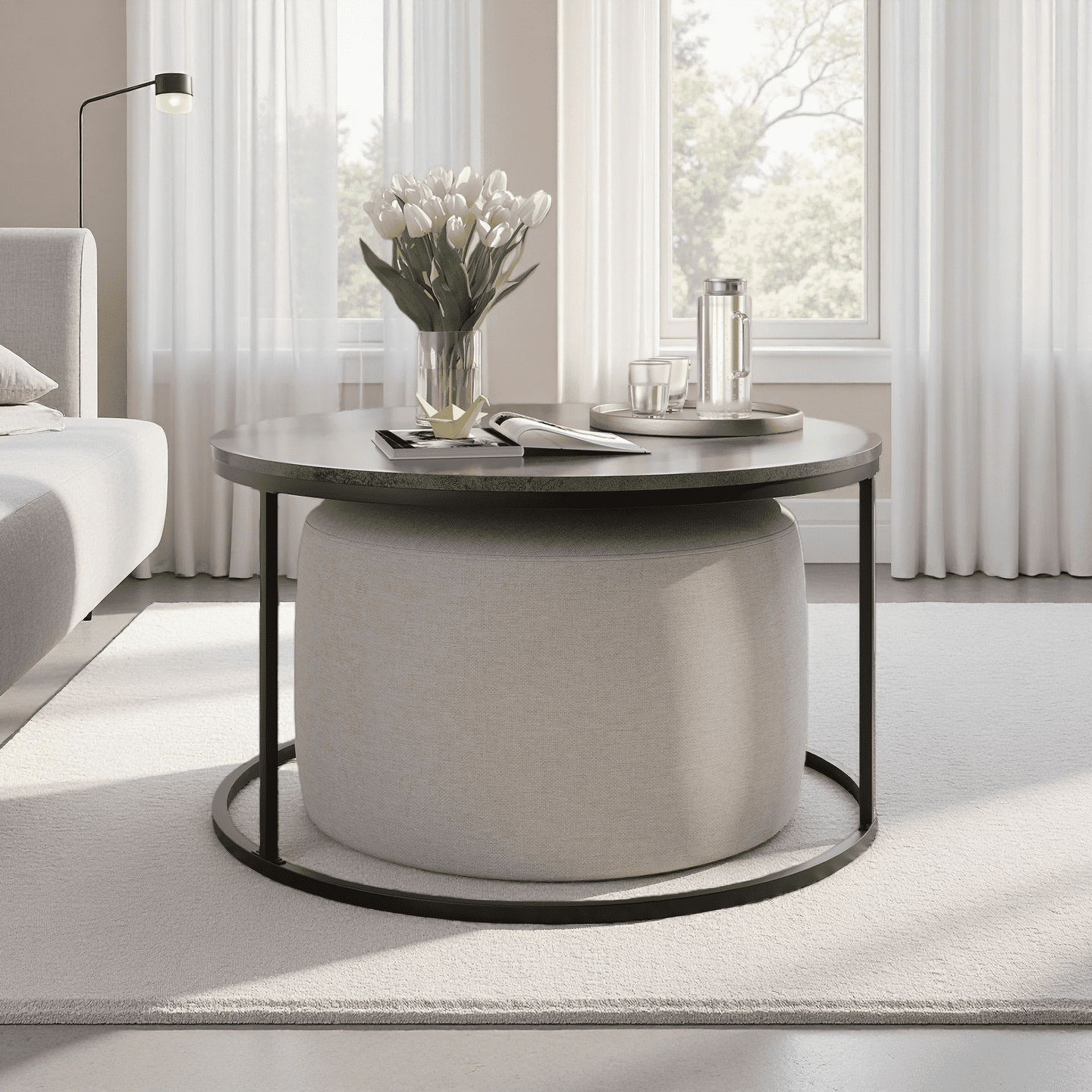 LiviNest Round Coffee Table Set: Minimalist Ottoman Combo for Small ...