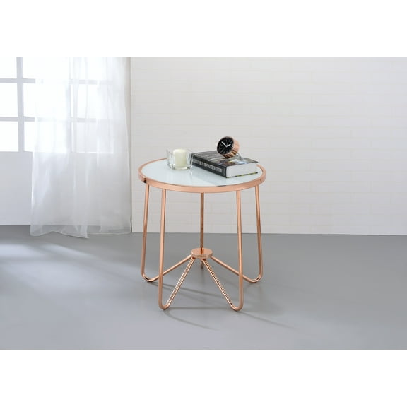LiviNest Round End Table with Frosted Glass Top & Rose Gold Frame: Modern Accent Table for Small Spaces - Compact Living Room & Bedroom Side Table for Apartments & Condos