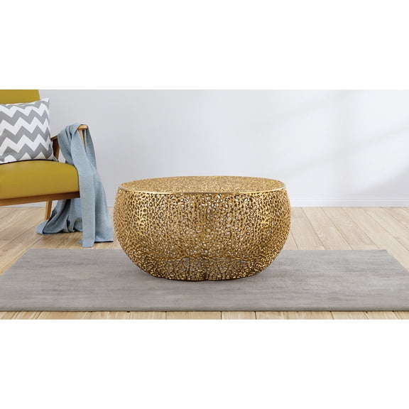 LiviNest Round Gold Metal Coffee Table: Modern Aluminum Frame with Intricate Open-Work Pattern - Designer Living Room Centerpiece for Creative Spaces & Art Display