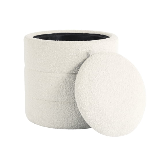 LiviNest Round Storage Ottoman: Hidden Storage Footrest for Small Apartments - White Boucle Fabric with Removable Lid for Living Room & Bedroom Use by Modern Homeowners