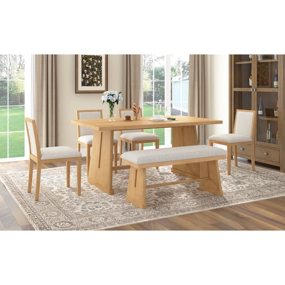 LiviNest Rustic Farmhouse Dining Set: 6-Piece Table & Bench Set - 60-Inch Rectangular Table with 4 Upholstered Chairs & Padded Bench for Family Dinners & Holiday Feasts (Natural)