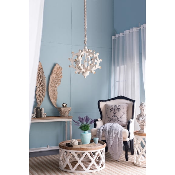 LiviNest Rustic Wood Chandelier for Dining Room: 6-Light Farmhouse Fixture with Adjustable Chain - 26-Inch Custom Hanging Height for Kitchen Foyer Living Room - Vintage White Weathered Finish