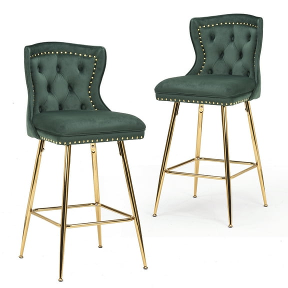 LiviNest Set of 2 Velvet Bar Stools, 26 inch Counter Height, Wing-Back with Button Tufted and Nailhead Trim, Gold Metal Legs, 300 lbs Capacity for Kitchen Island Dining Room Pub, Green
