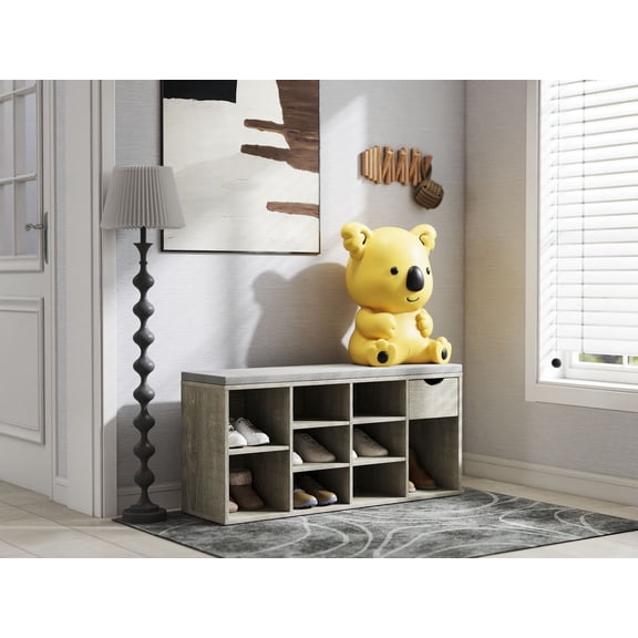 LiviNest Shoe Storage Bench with Cushion - Entryway Bench with Drawer & Open Compartments for Pet Owners & Small Apartments - Multifunctional Shoe Organizer for Home Entry & Living Room Use