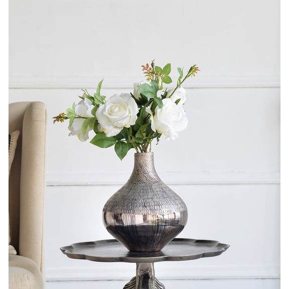 LiviNest Silver Glass Vase 9x9x10 Inches: Swirled Geometric Textured Pattern Metallic Round Body - Transitional Home Decor for Living Room Dining Room Foyer & Rental Apartment Accent Display