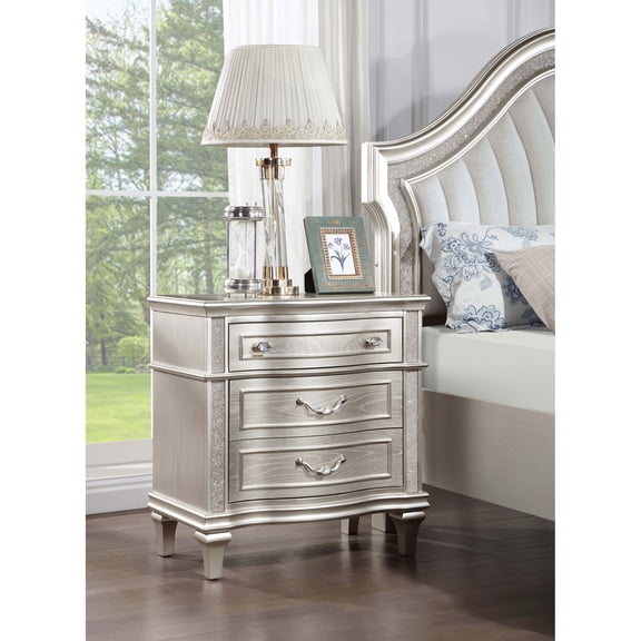 LiviNest Silver Oak Nightstand with Charging Station & 3 Drawers - Modern Bedside Table for Bedroom Storage & Organization - Hexagon Pulls & Tapered Legs Design