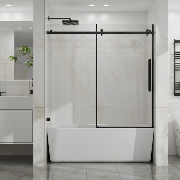 LiviNest Sliding Shower Door for Bathtub: Modern Black Frameless Glass Enclosure with Adjustable Width & Waterproof Seal - Easy DIY Installation Kit for Home Bathroom Remodel