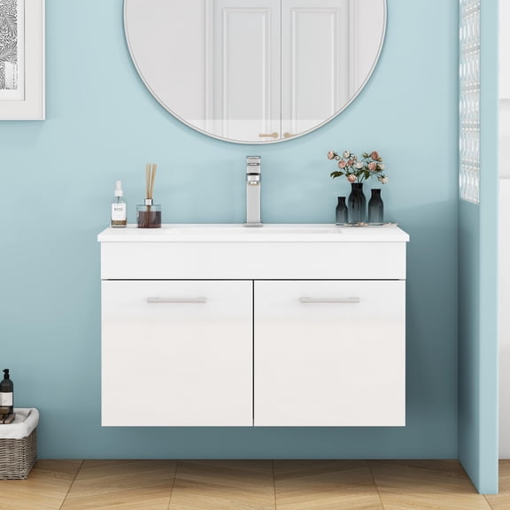 LiviNest Small Bathroom Vanity Sink Combo: 32-Inch Wall-Mounted Vanity with Ceramic Basin - 100% Floor Space Freed & Zero-Slam Storage for Apartment & Guest Bathroom Renovation