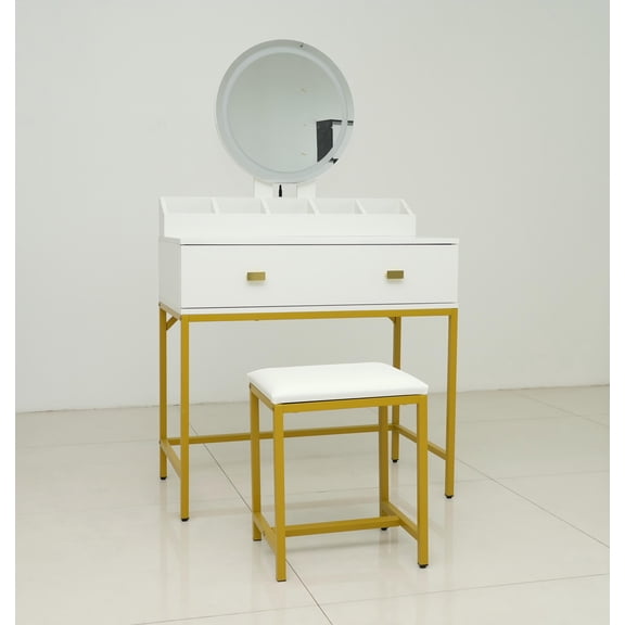 LiviNest Small Makeup Vanity Set: 31.5-Inch Compact Vanity Table with Mirror & Stool - White & Gold Modern Design for Small Bedrooms & Apartments - Storage Drawers & Organizer for Women