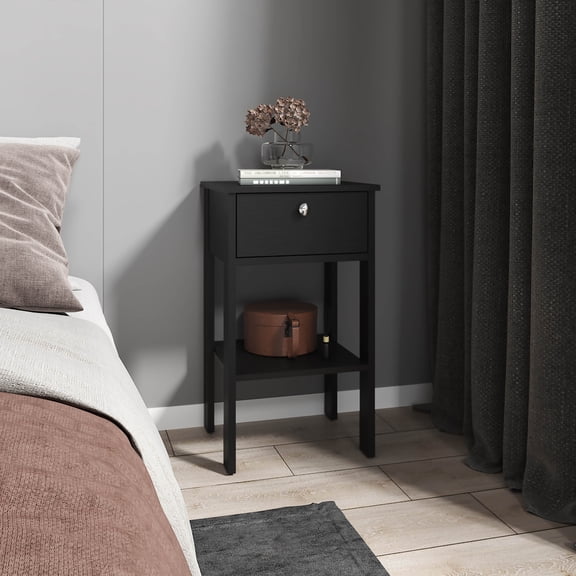 LiviNest Small Nightstand for Bedroom: 15.7 Inch Wide Compact Night Table - 1 Drawer & 1 Shelf for Apartment Bedside Storage - Modern Black Finish