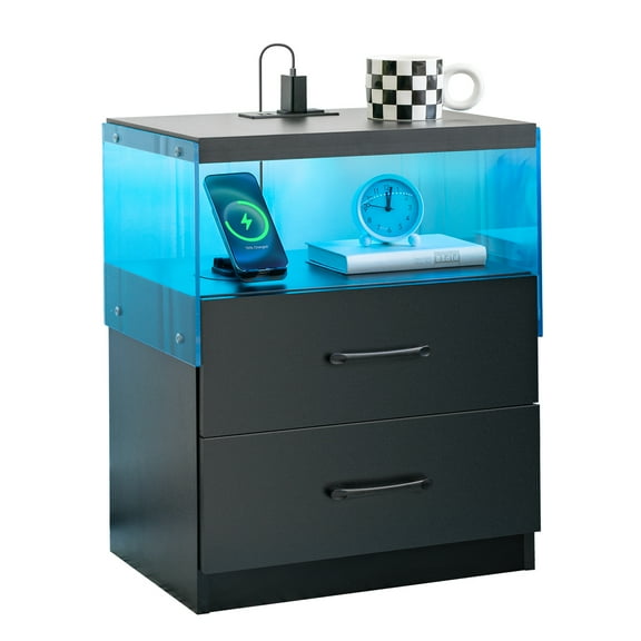 LiviNest Smart Nightstand with LED Lights & USB Charging: Modern Bedside Table with 2 Drawers & Remote Control - Adjustable RGB Lighting for Bedroom & Living Room