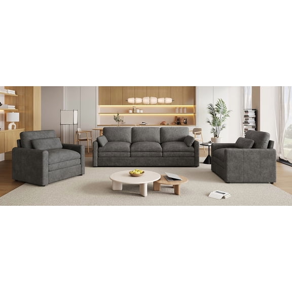 LiviNest Sofa Set for Living Room: Premium Chenille Fabric 3 Seater & 2 Single Sofas - Double Layer Cushion Design with Detachable Lumbar Pillow for Home Office & Remote Workers